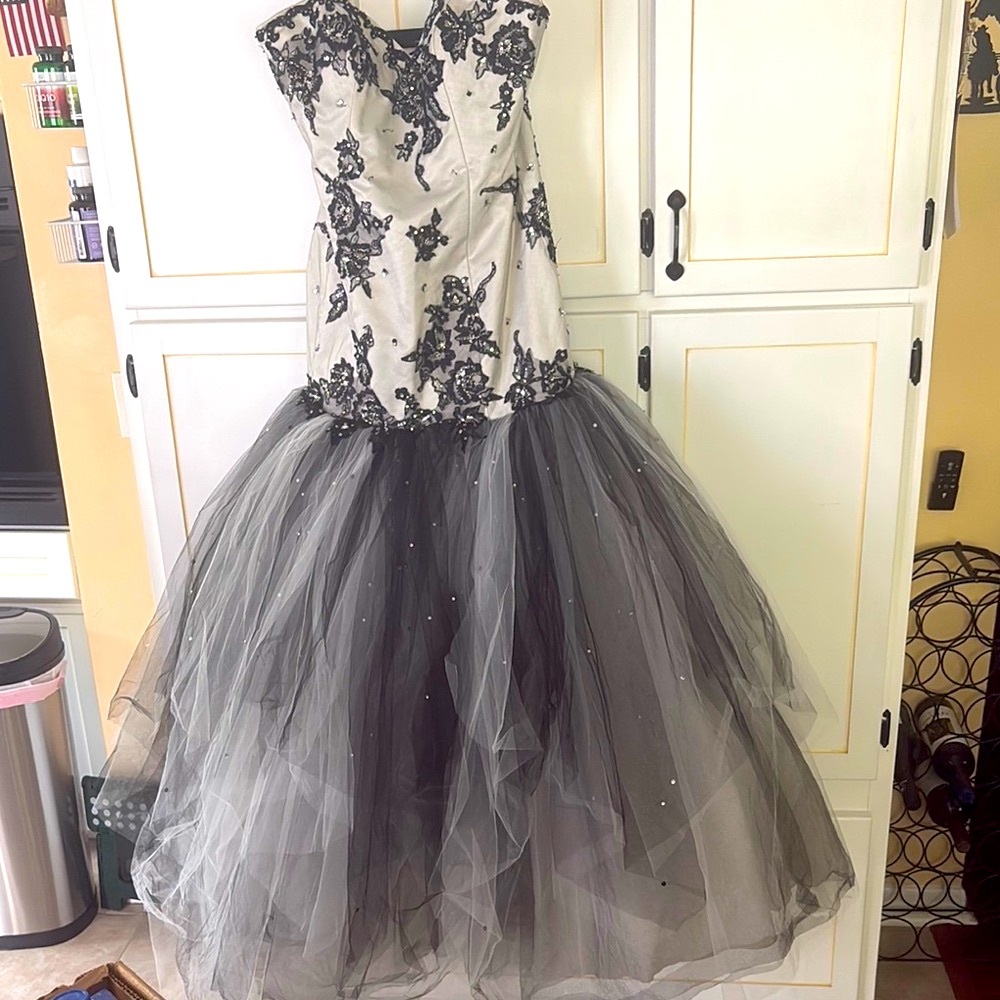 Mori Lee Black and White prom quinceañera Dress sz 9/10 tool lace sequins beauty - Picture 3 of 17